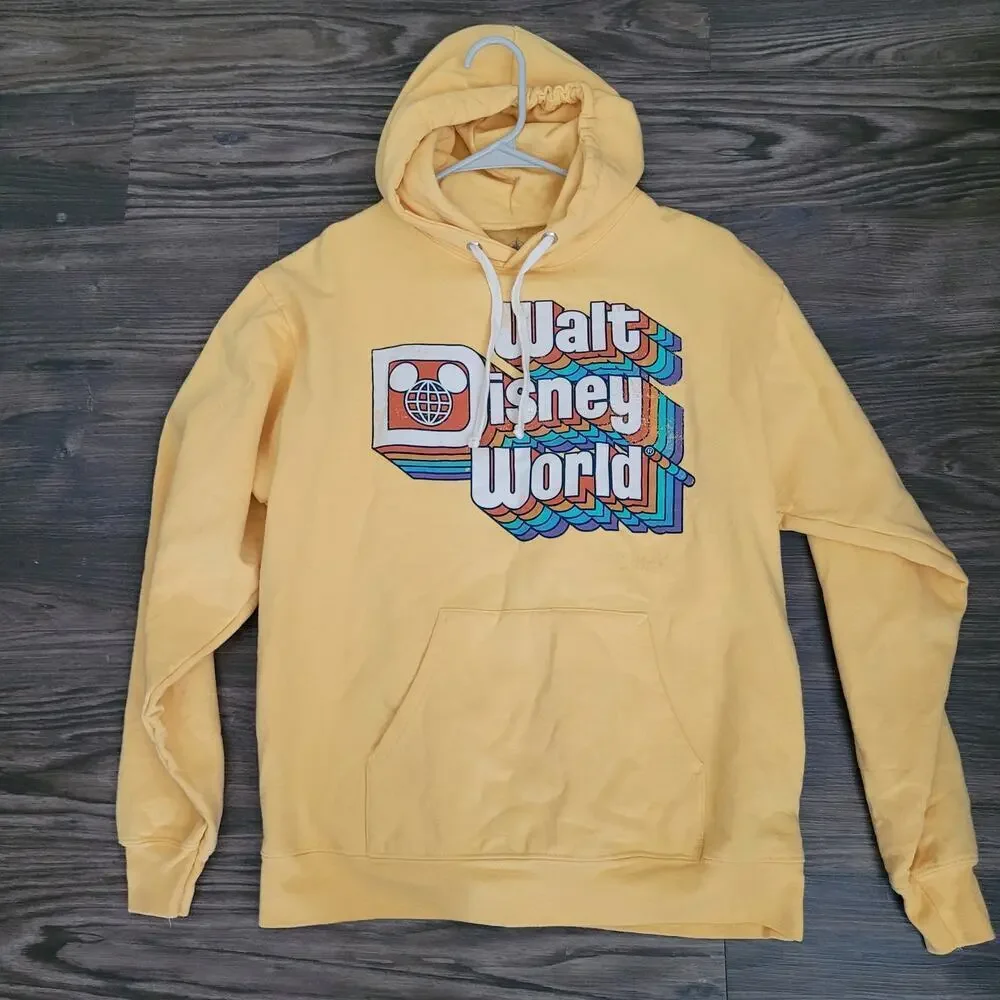 Disney Parks Walt Disney World Hoodie Sweatshirt Size M Yellow Pockets Cotton - Picture 1 of 6